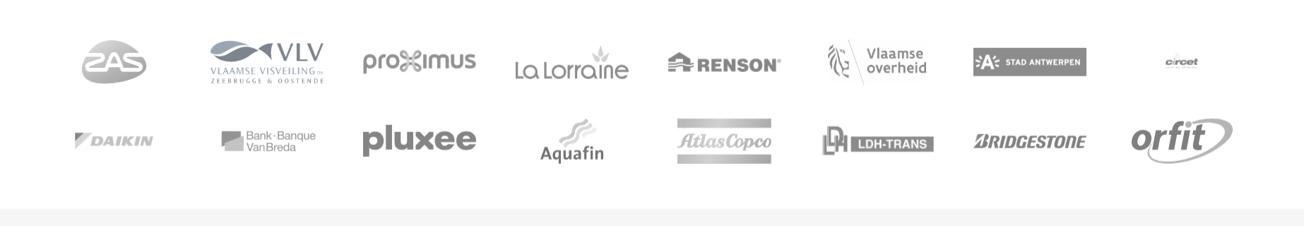 Client logos including ZAS, VLV, Proximus, La Lorraine, Renson, Vlaamse overheid, Stad Antwerpen, Circet, Daikin, Bank Van Breda, Pluxee, Aquafin, Atlas Copco, LDH-Trans, Bridgestone and Orfit